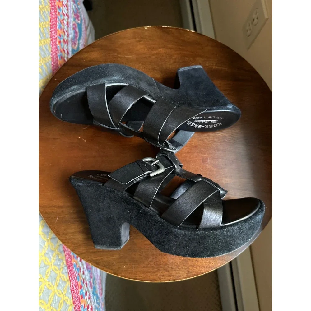 Kork-Ease Black Leather Strappy Platform Block Heel Sandals K3063 Size 8/39